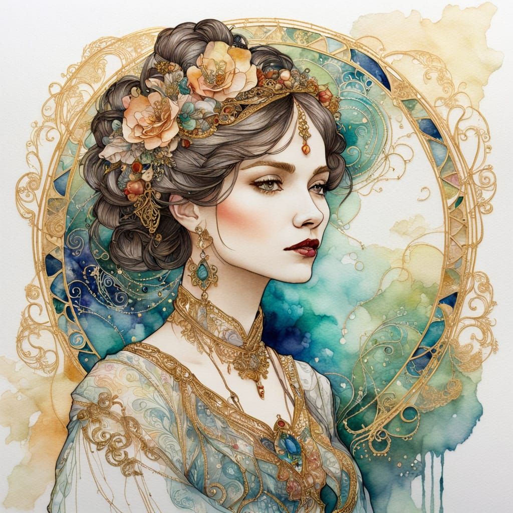 Whimsical Art Nouveau Portrait of a Woman