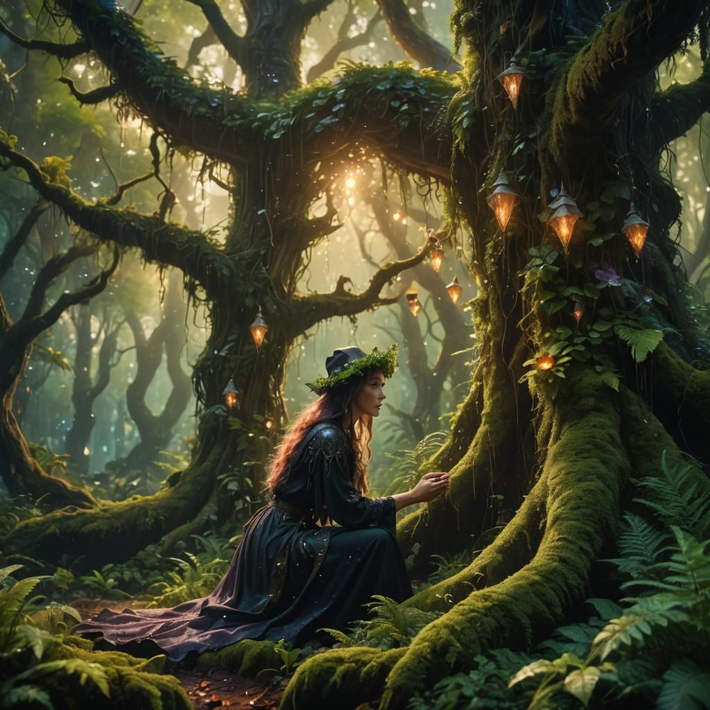 Enchanted Verdure Forest with Mystical Witch: Fantasy Art