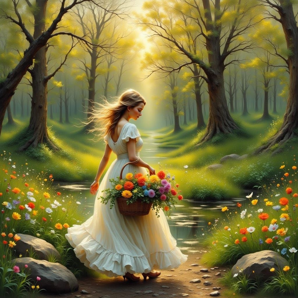 Woman with Flowers in Impressionistic Forest
