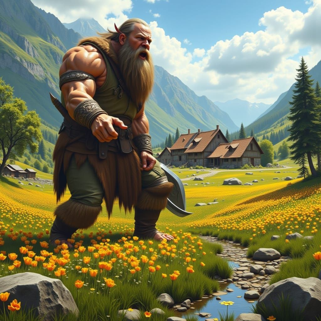 Gentle Giant Picking Flowers by Village