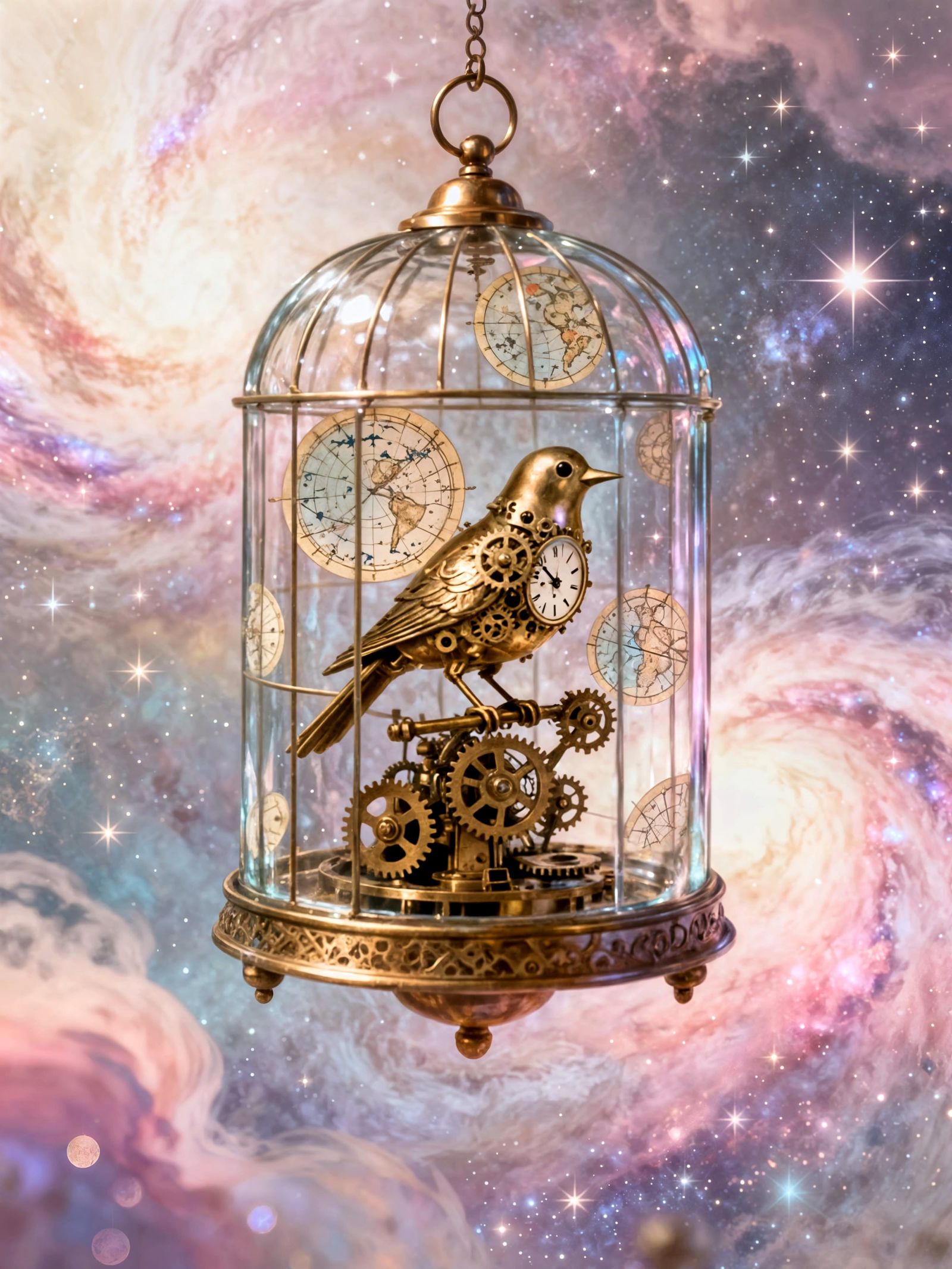Clockwork Bird in Celestial Glass Cage