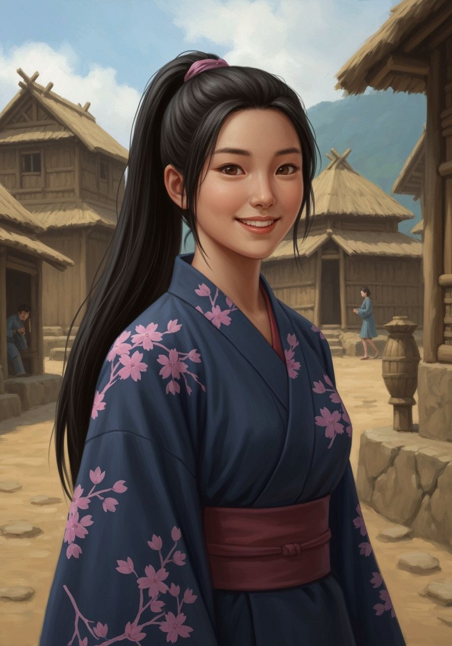 Ancient Japanese Girl in Sakura Kimono, Oil Painting