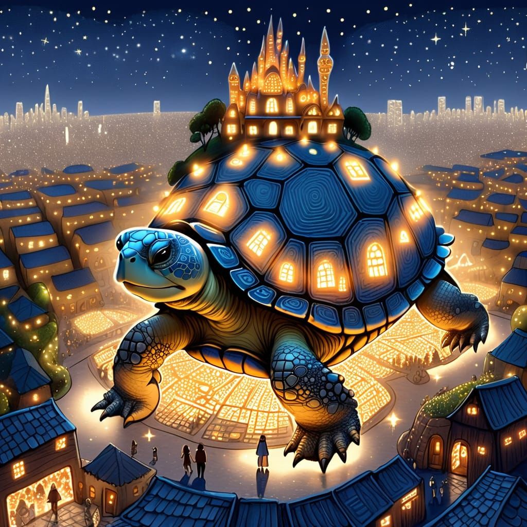 Miniature City on Giant Tortoise: Dreamlike Pencil Sketch