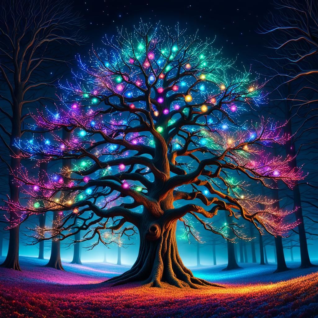 Magical Christmas Tree in Forest, Retrofuturism Style