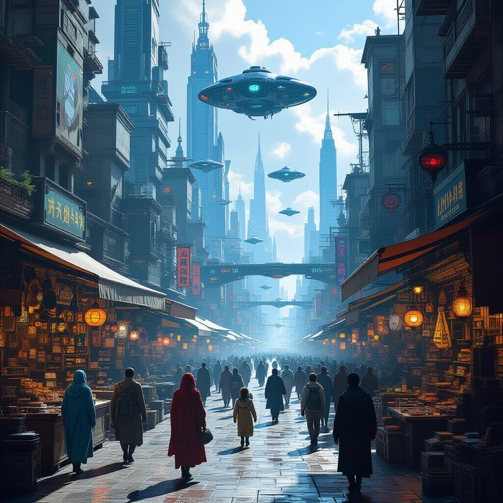 Futuristic City Marketplace with Flying Vehicles