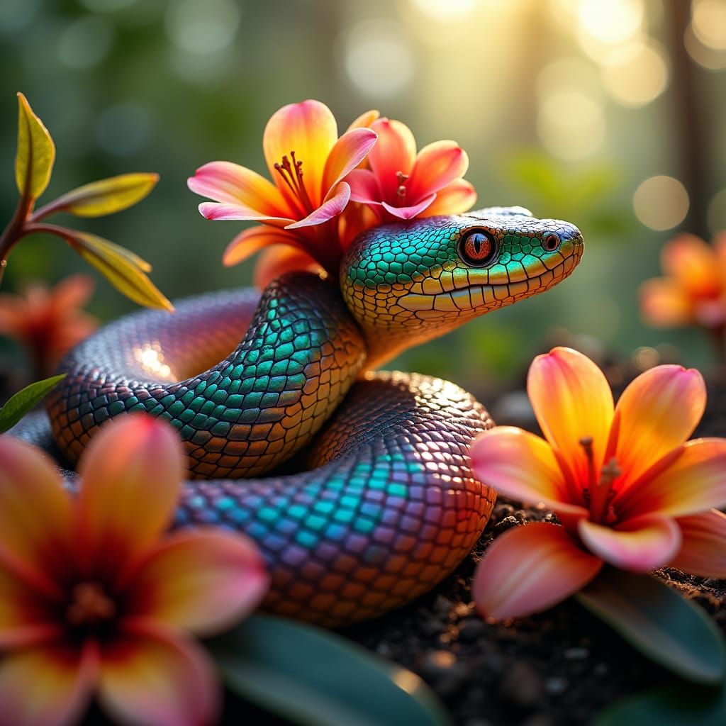 Rainbow Snake with Flower Crown in Amazonian Flowers