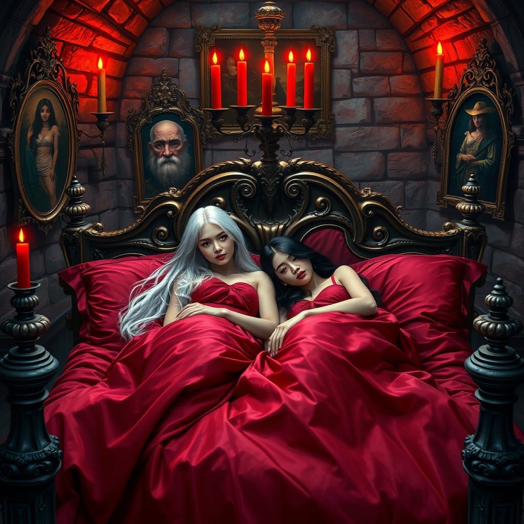 Gothic Bedchamber Scene with Swedish and Asian Girls