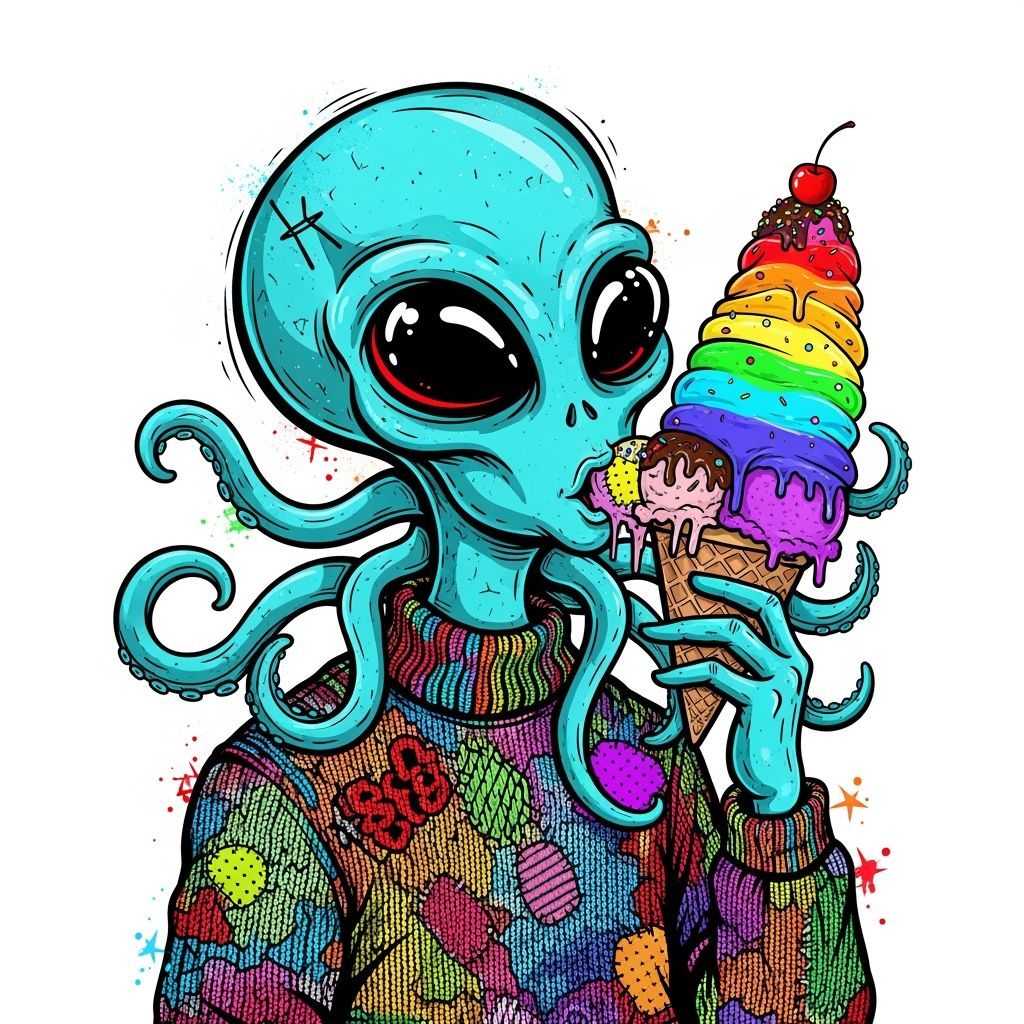 Alien Enjoys Ice Cream in Whimsical Pop Surrealism