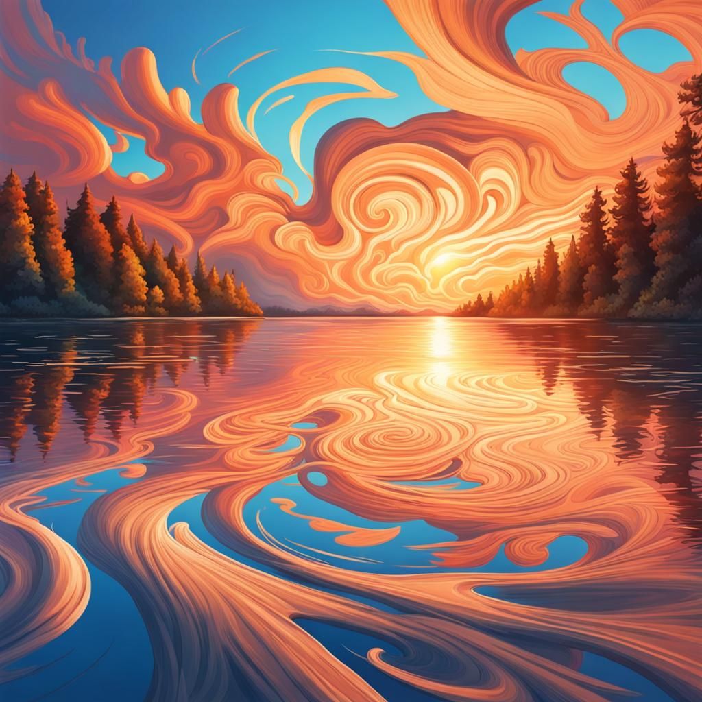 Hyperrealistic Sunrise Over Lake with Swirling Clouds