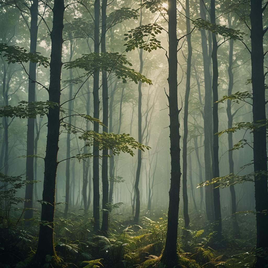 Misty Forest in Rain: A Cinematic Film Still