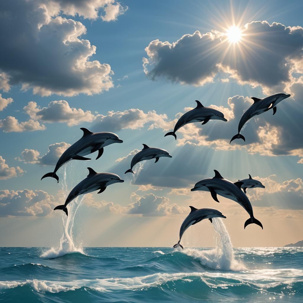 Dolphins and Whale in Sunlit Sea