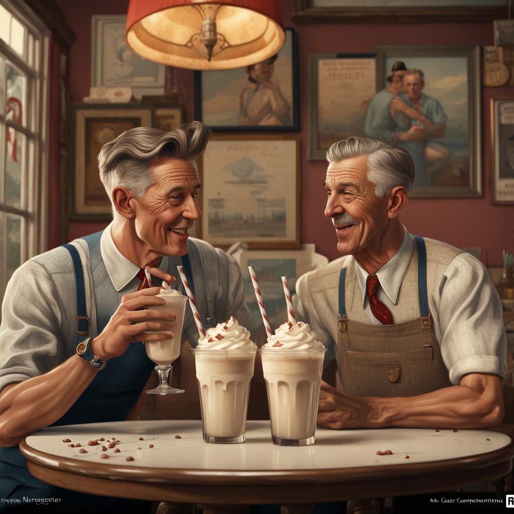 Gay Couple Share Milkshake, Rockwell-esque Painting