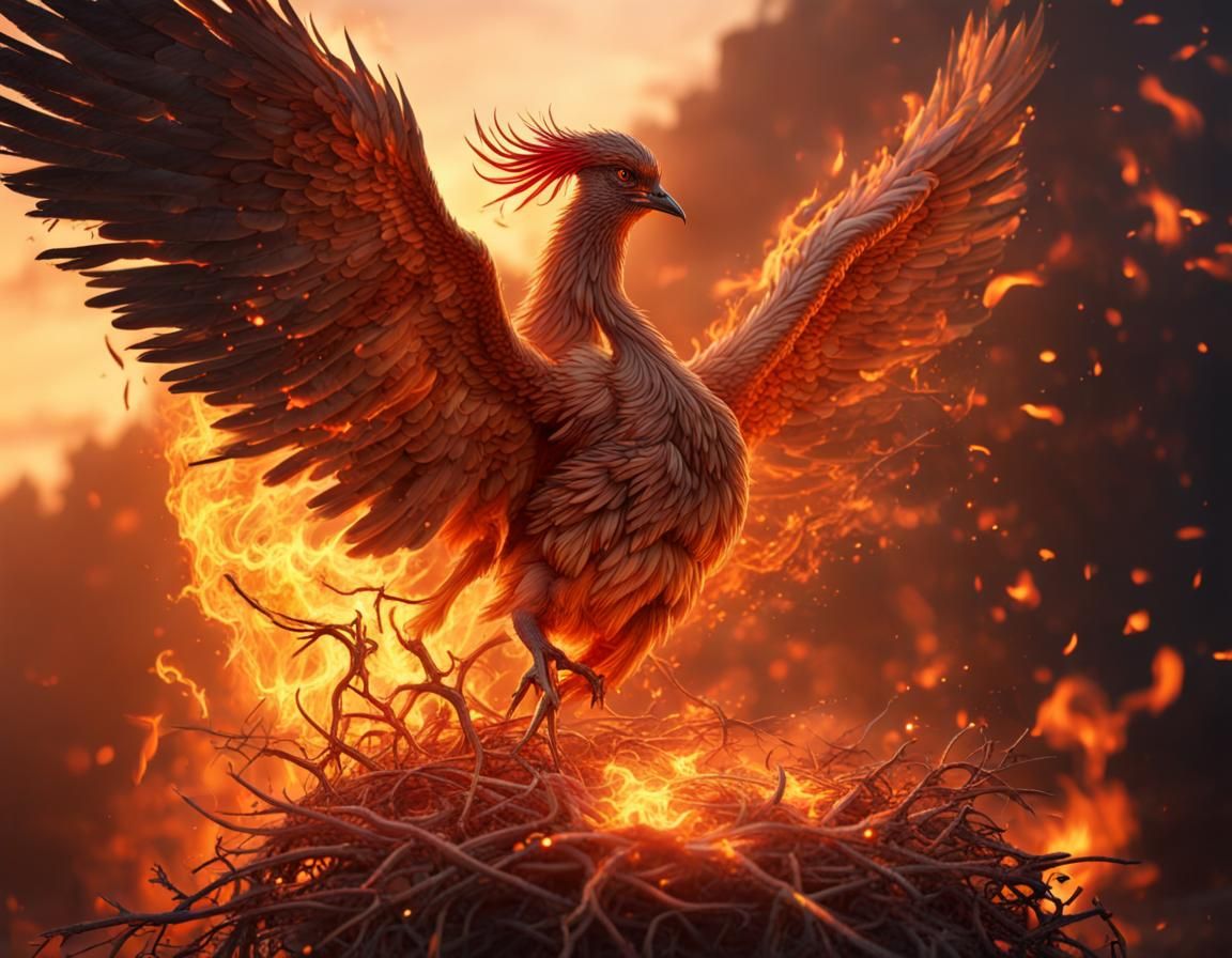 Phoenix Returns to Flaming Nest at Magic Hour