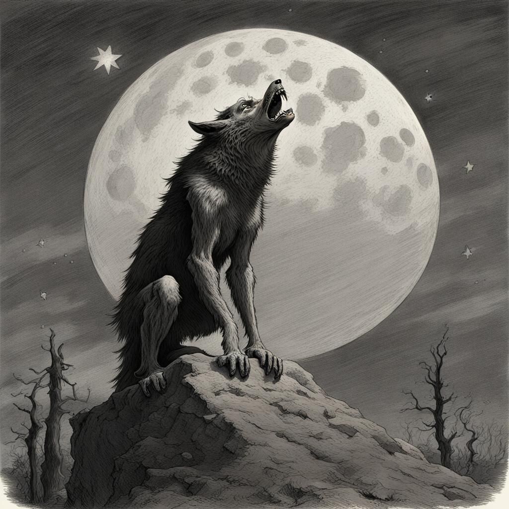 Grey Werewolf Howling at Moonlit Sky