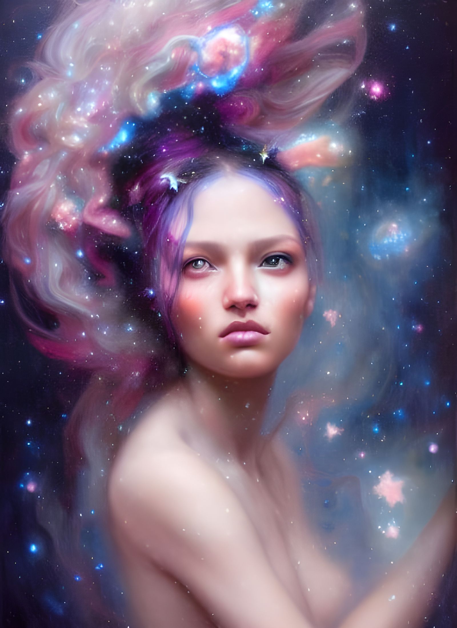 Nymph Portrait with Nebula Hair in Surreal Style