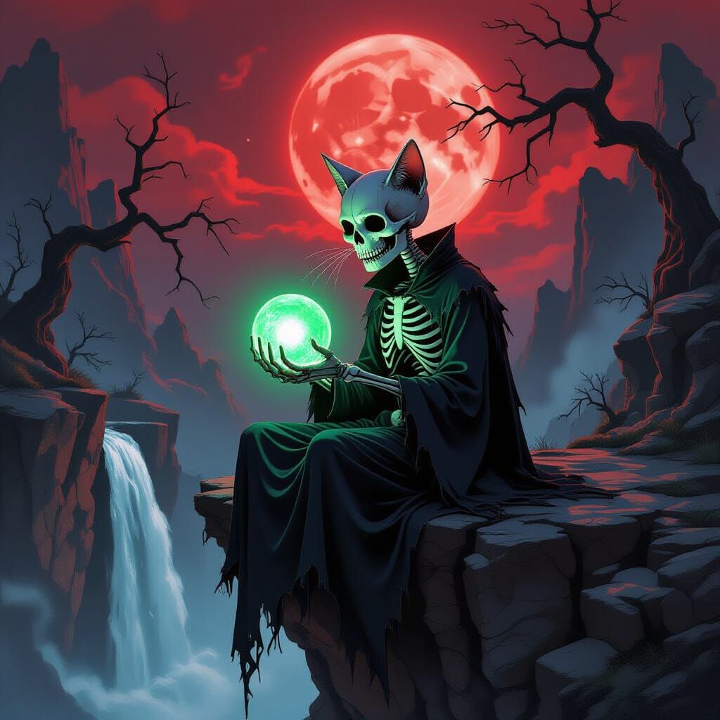 Skeletal Cat with Glowing Orb on Jagged Cliff