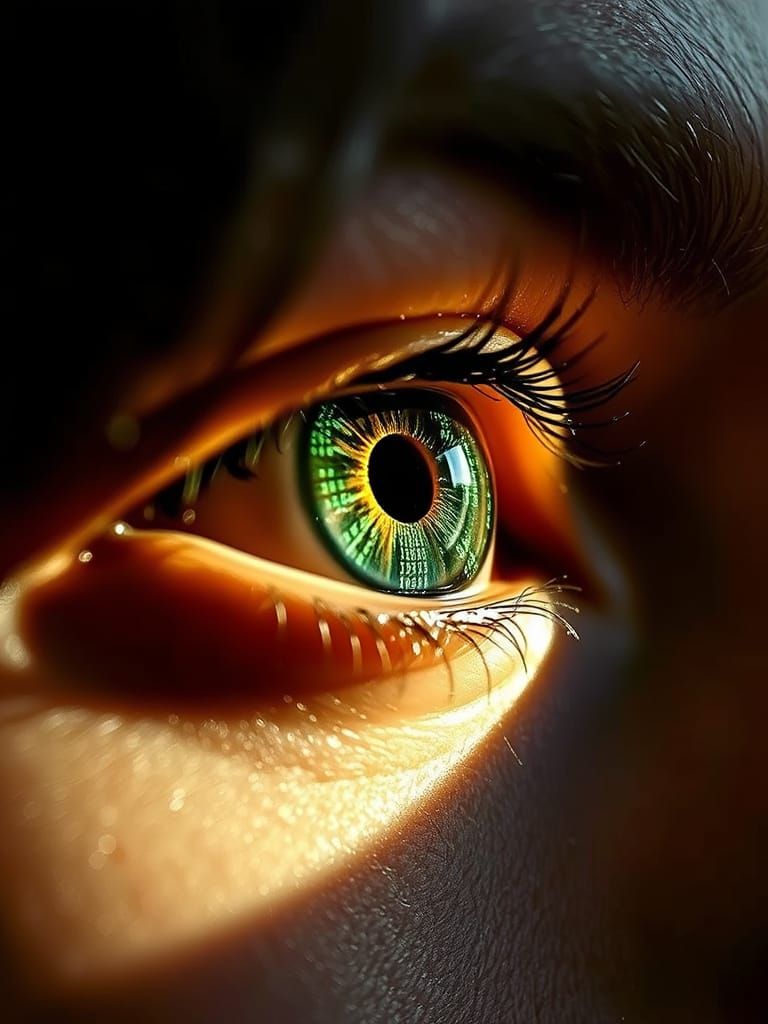 Macro Eye with Green Code in Matrix Style