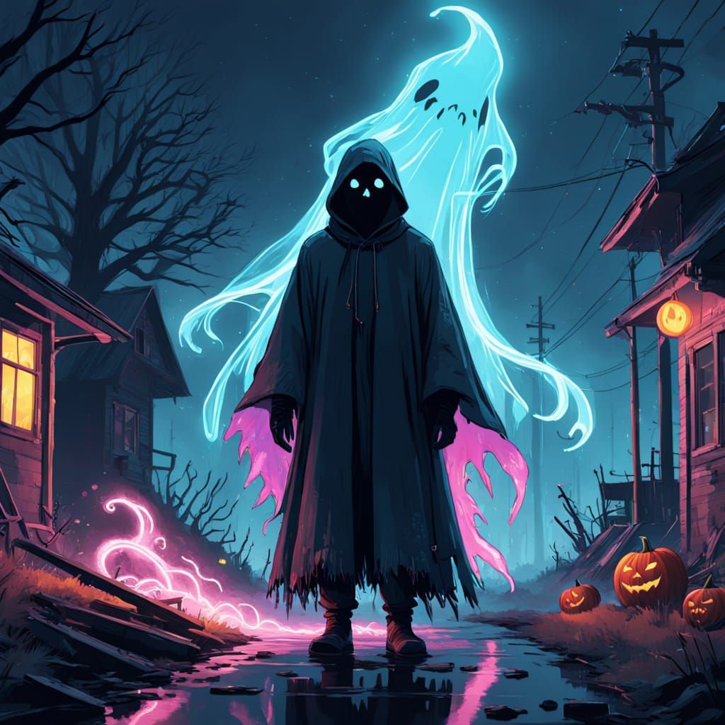 Whimsical Ghost in Neon Halloween Setting
