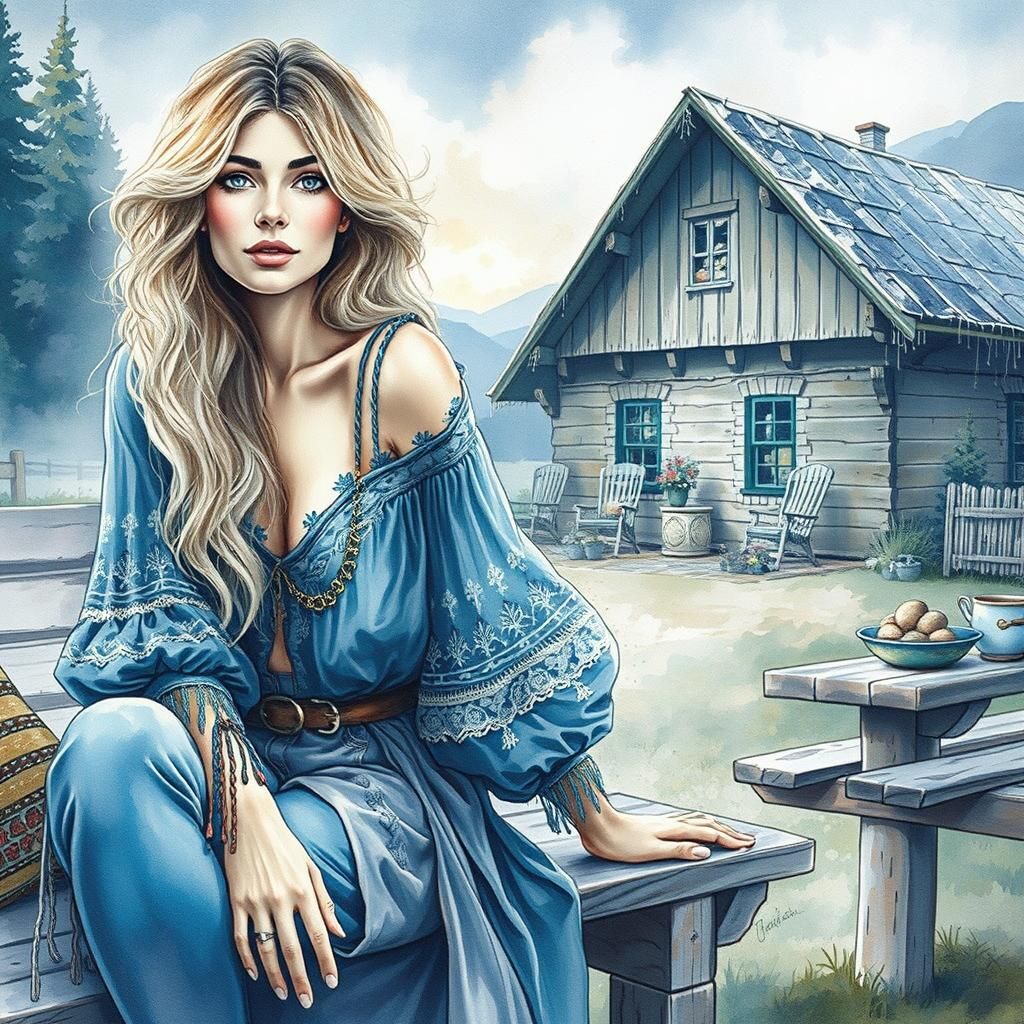 a stunning woman, blond hair, boho style blue clothes, sitti...