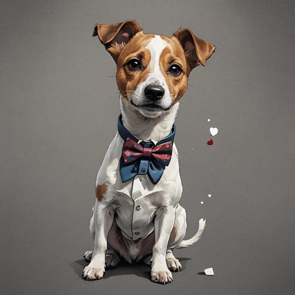 A Jack Russell Terrier wearing a guitar pick bow tie