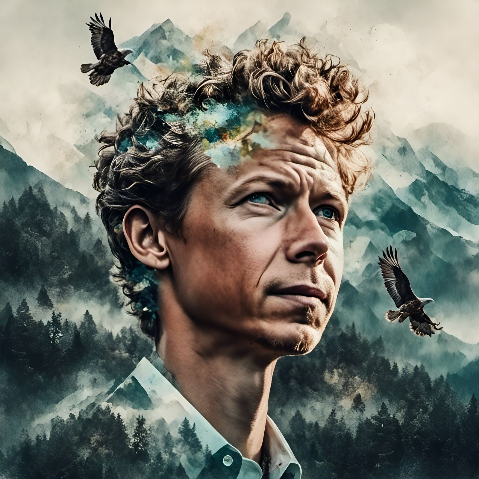 Double Exposure Portrait with Mountains and Eagles