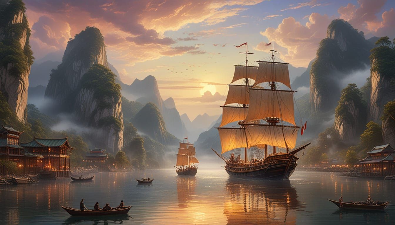 Chinese Trade Ship on Yangtze River in Golden Light