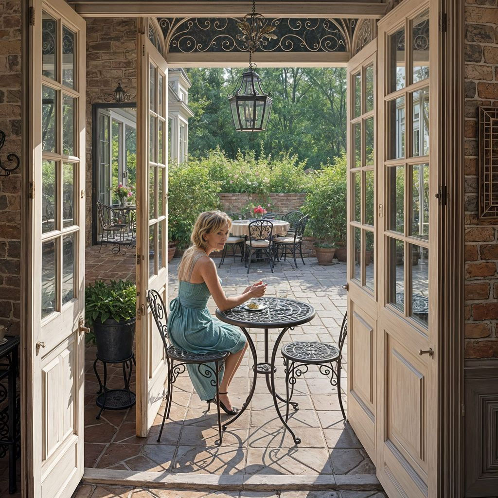 Surreal View Through French Doors to Serene Wrought Iron Pat...