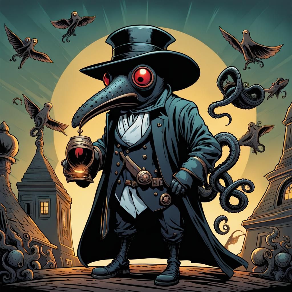 Cartoon Octopus in Plague Doctor Mask