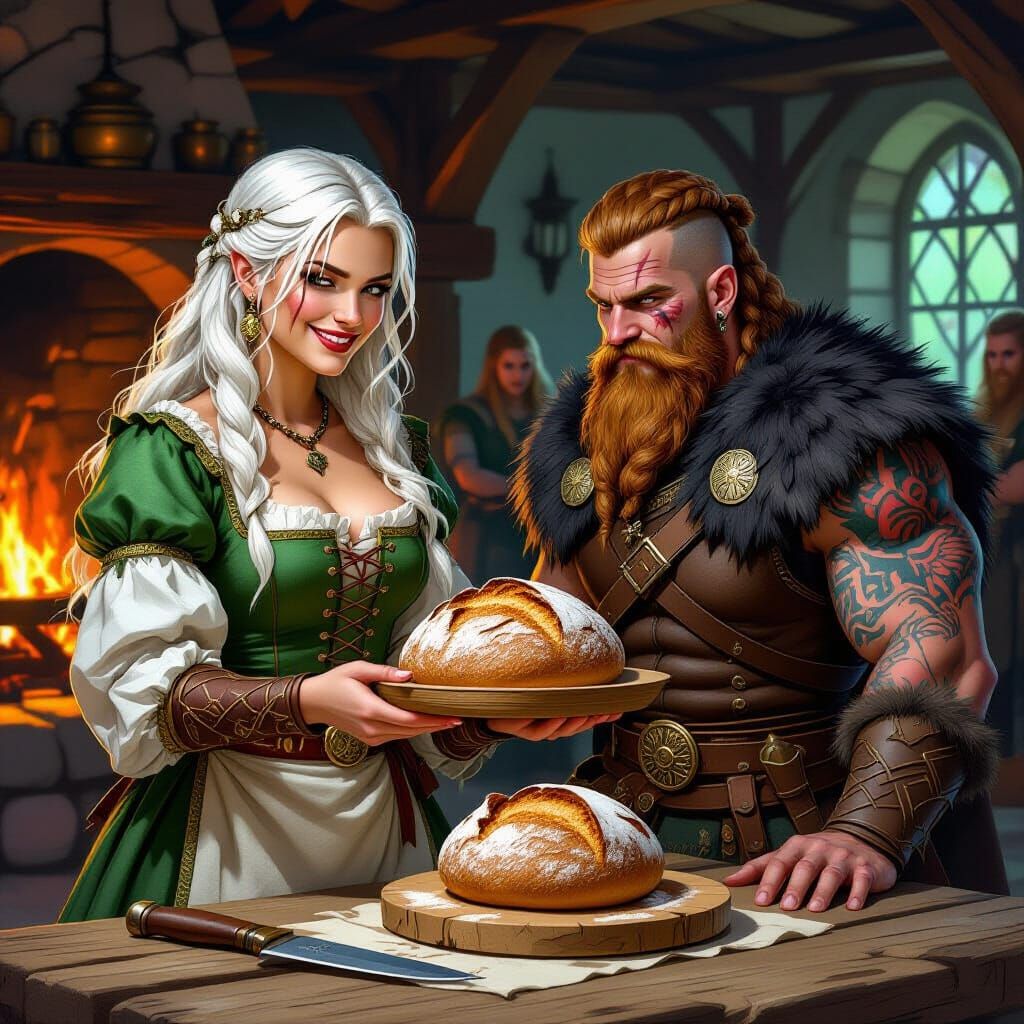 Viking Shieldmaiden Offers Bread, Warrior Eyes Knife