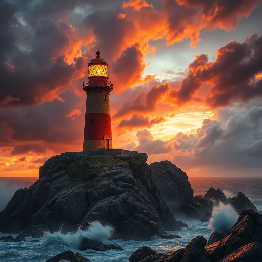 Lighthouse Sunset Storm: Hyperrealistic Digital Art
