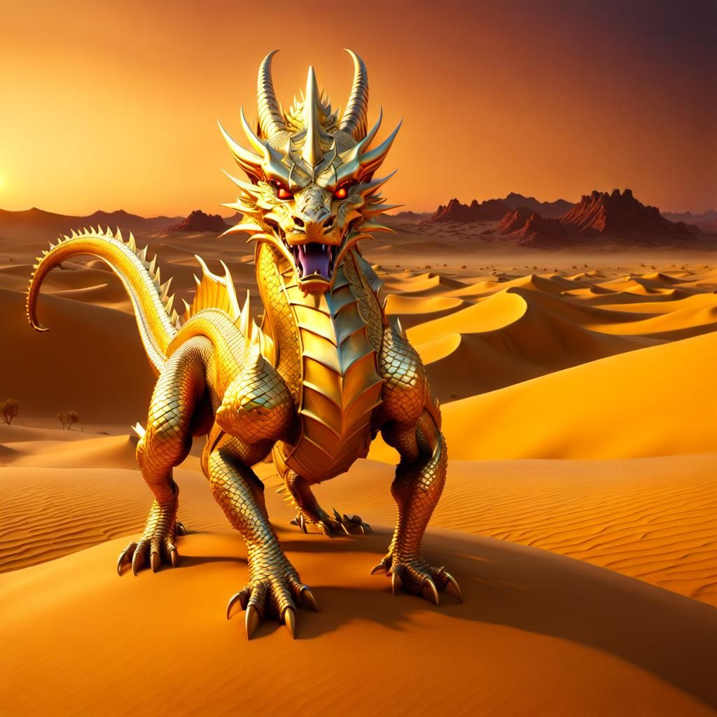 Golden Desert Dragon at Twilight: Fantasy Concept Art