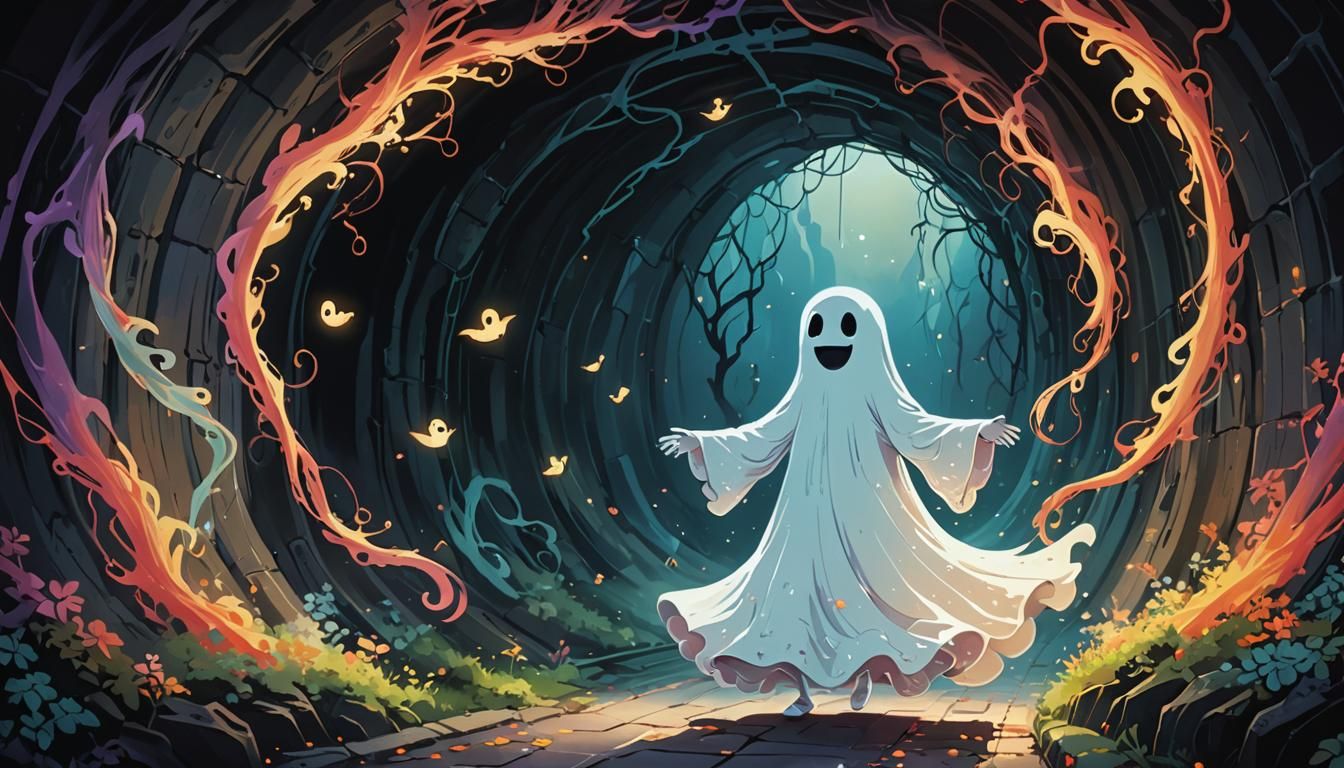 Cute Ghost Dances Through Tunnel in Dreamlike Digital Art
