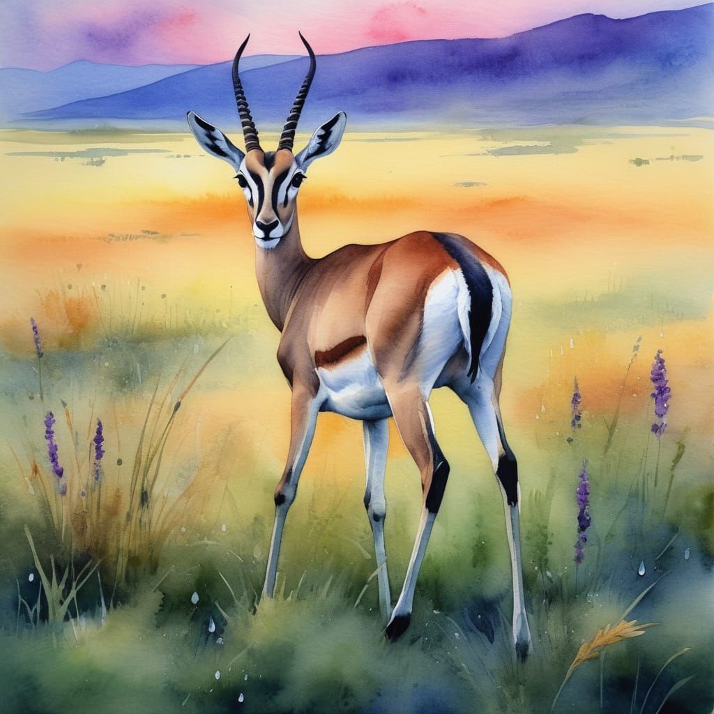 Gazelle Running Through Savannah at Twilight Watercolor