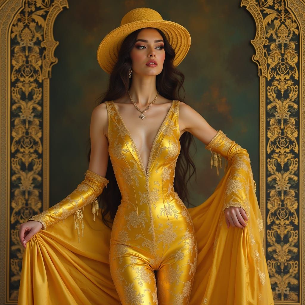 Golden Attire: A Fusion of Art Nouveau and Futurism