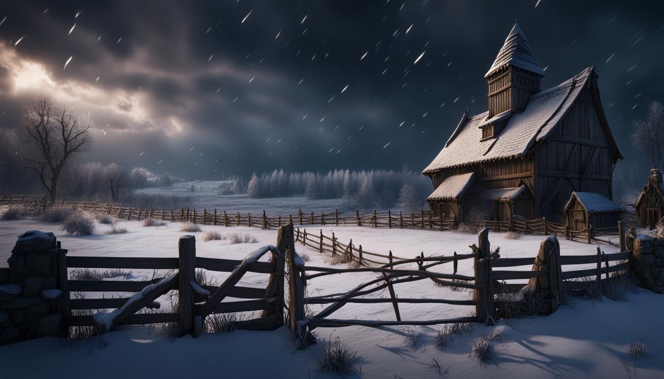 Snowy Medieval Farm Under Stormy Night Sky