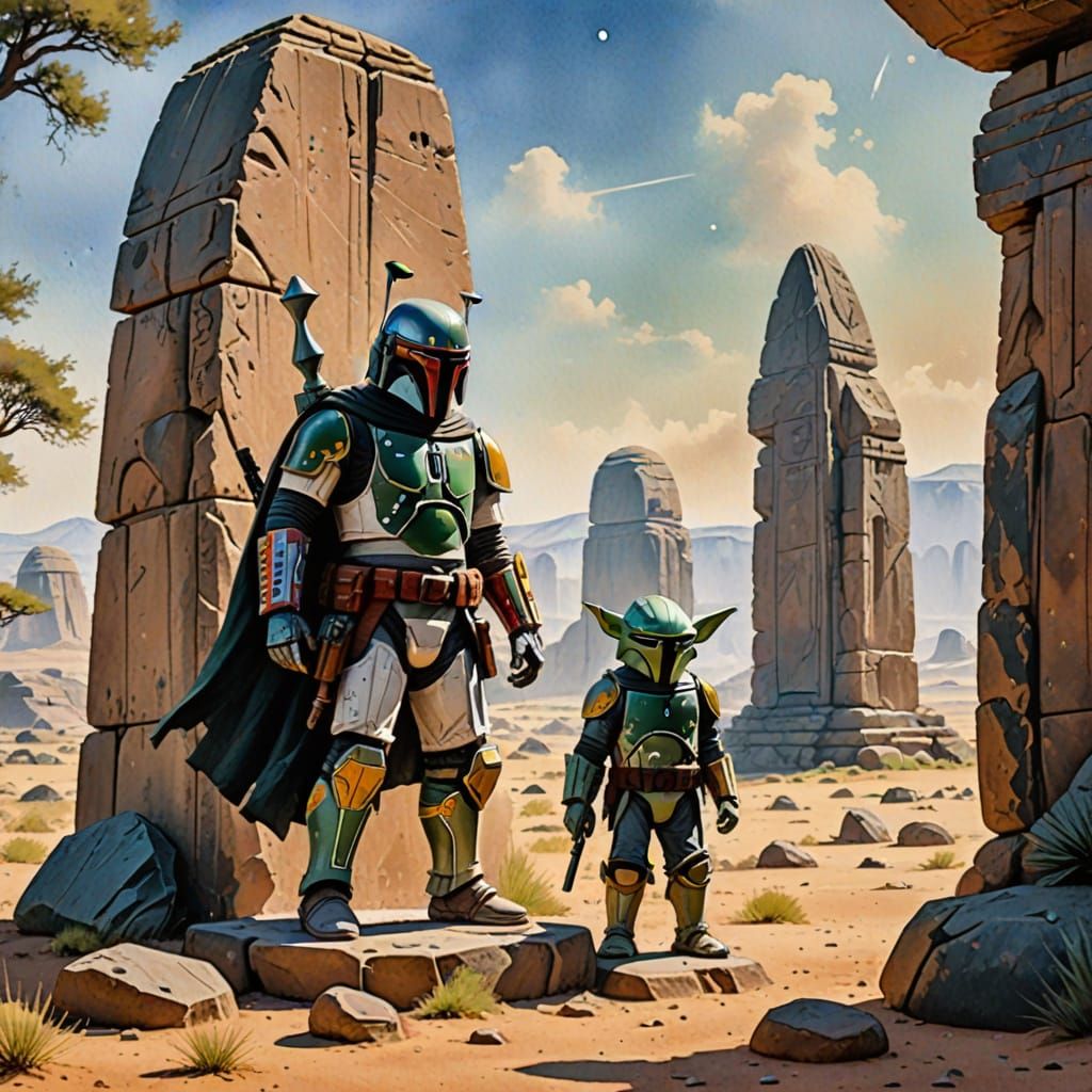 Boba Fett and Grogu at Ancient Monument in Watercolor