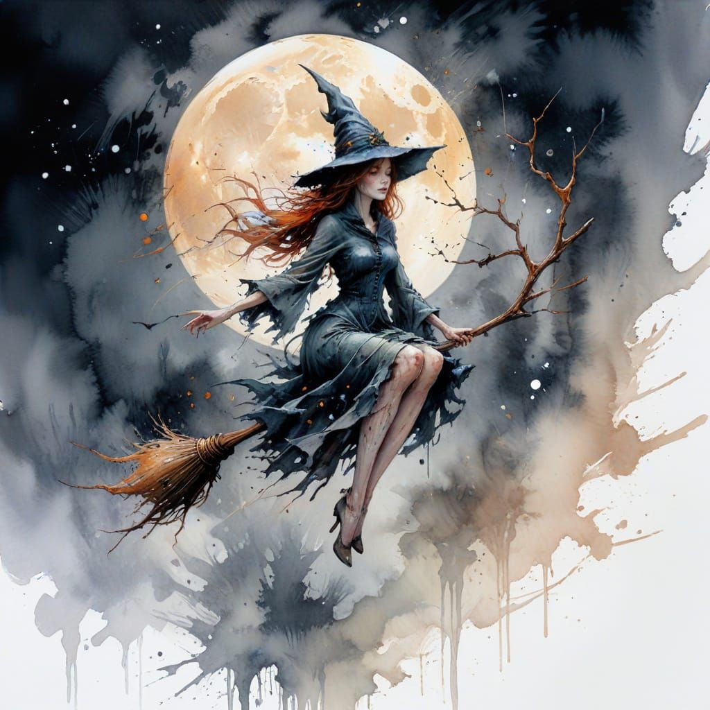 Witch Flying on Broom Under Full Moon Halloween Night