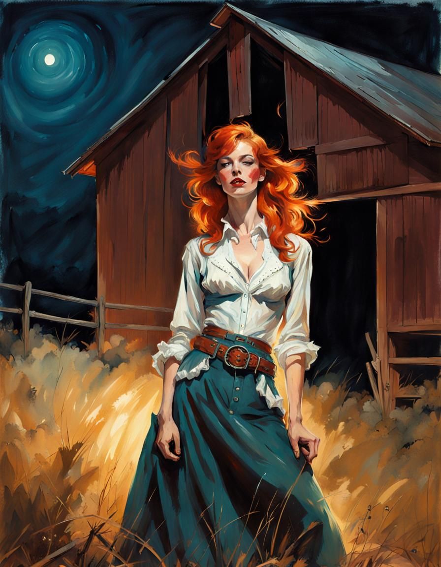 Redhead Cowgirl at Barn, Pin-Up Style