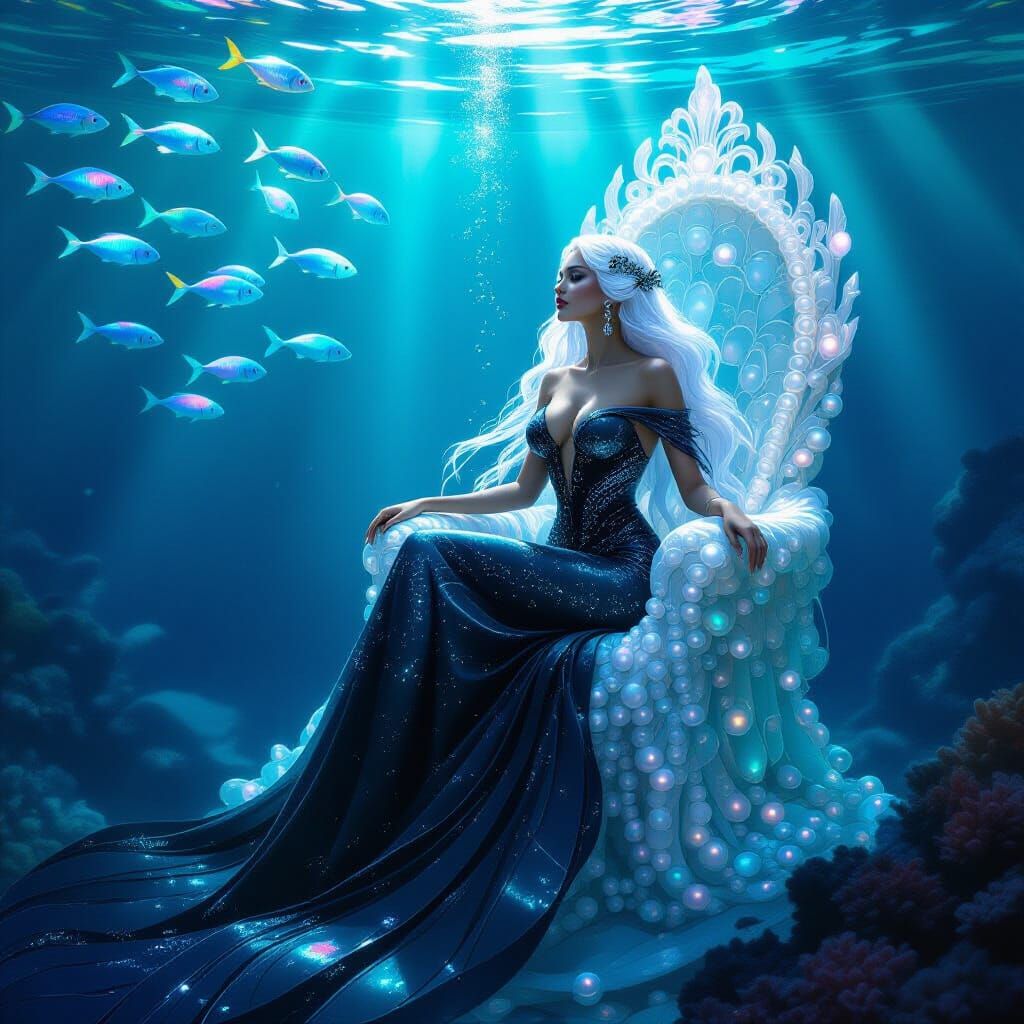 Black Mermaid on Pearl Throne, Hyperrealistic Digital Art