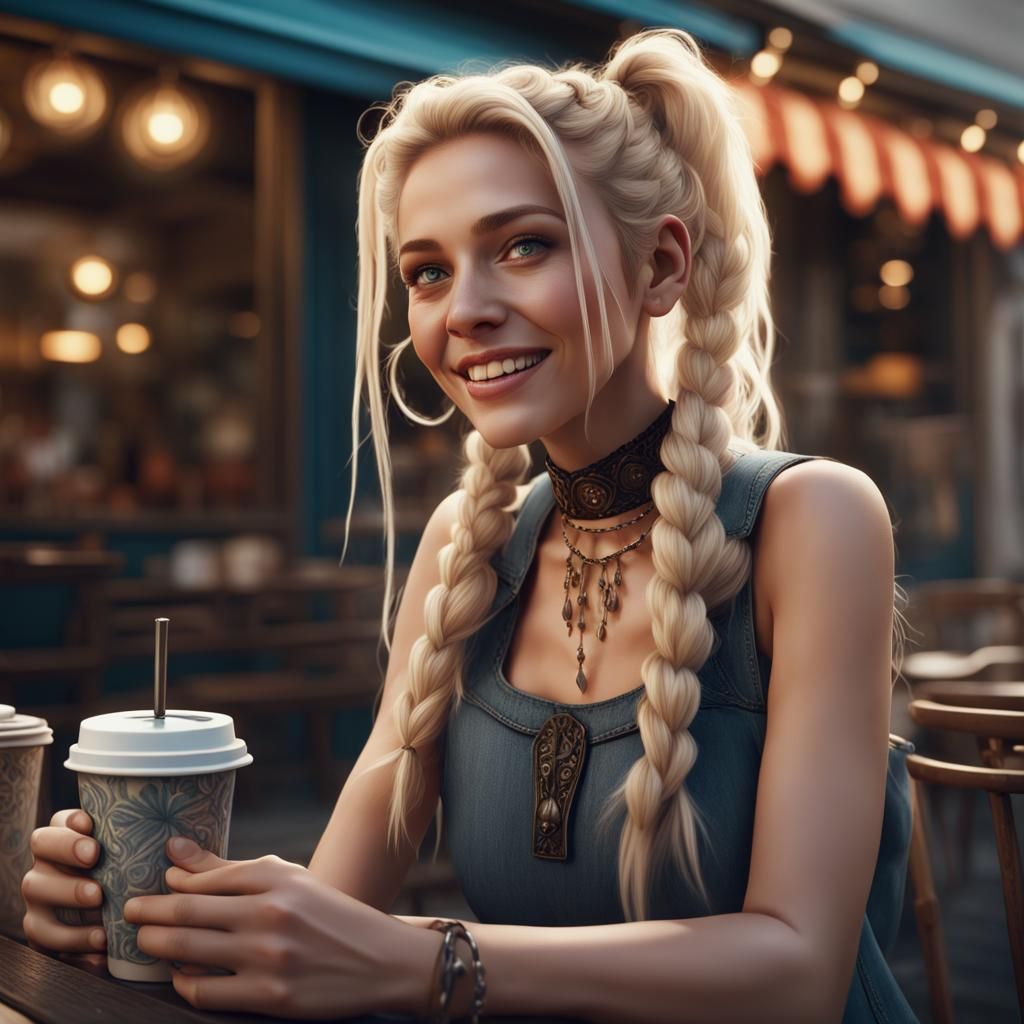 Blonde Woman with Pigtails Smiling at Cafe