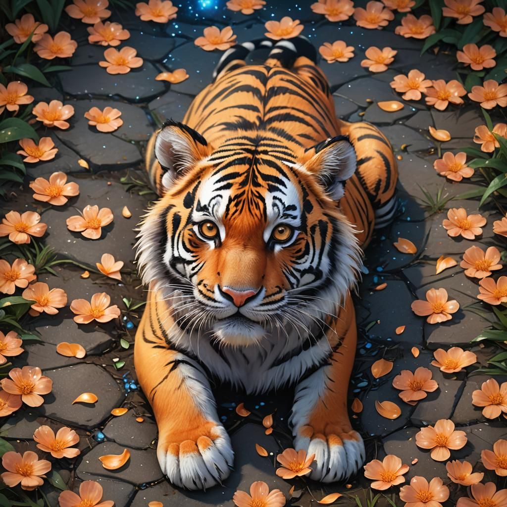 Adorable Tiger Cub in Magical Night Garden