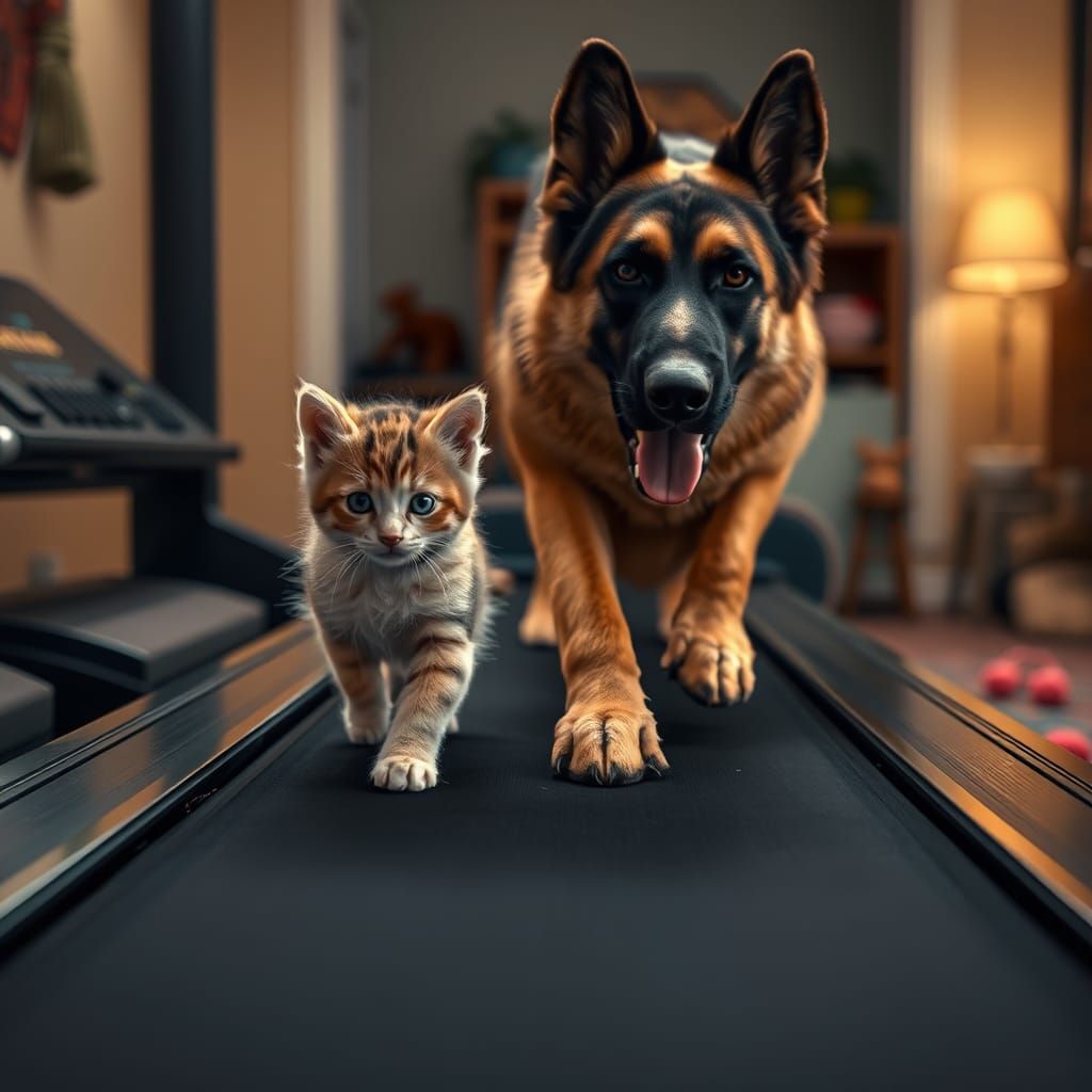 Kitten and German Shepherd on Treadmill, Fantasy Art