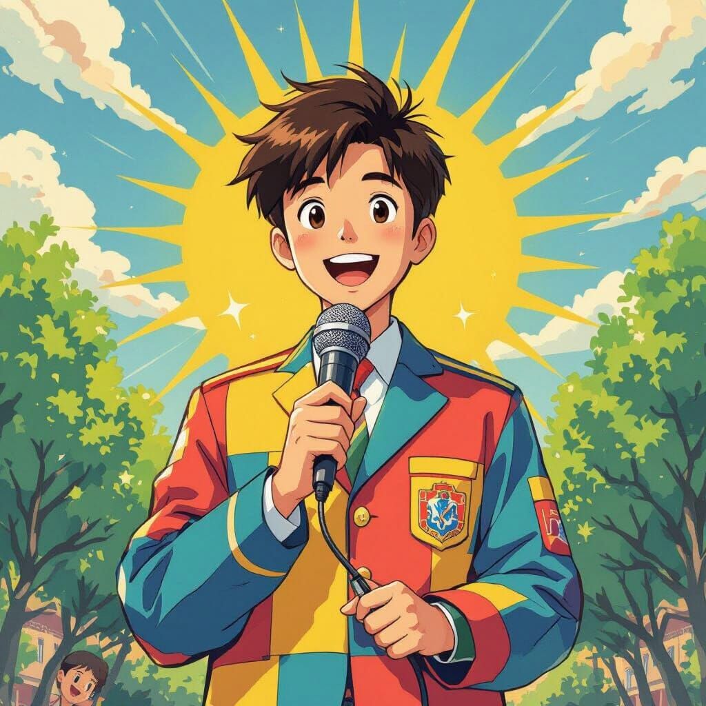 Cheerful Reporter in Anime Style with Sunny Backdrop