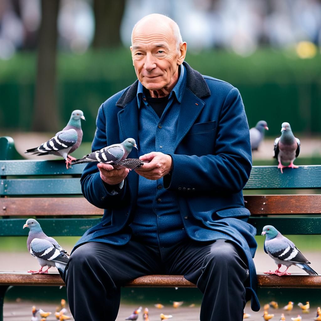 Patrick Stewart sitting on a park bench feeding pigeons