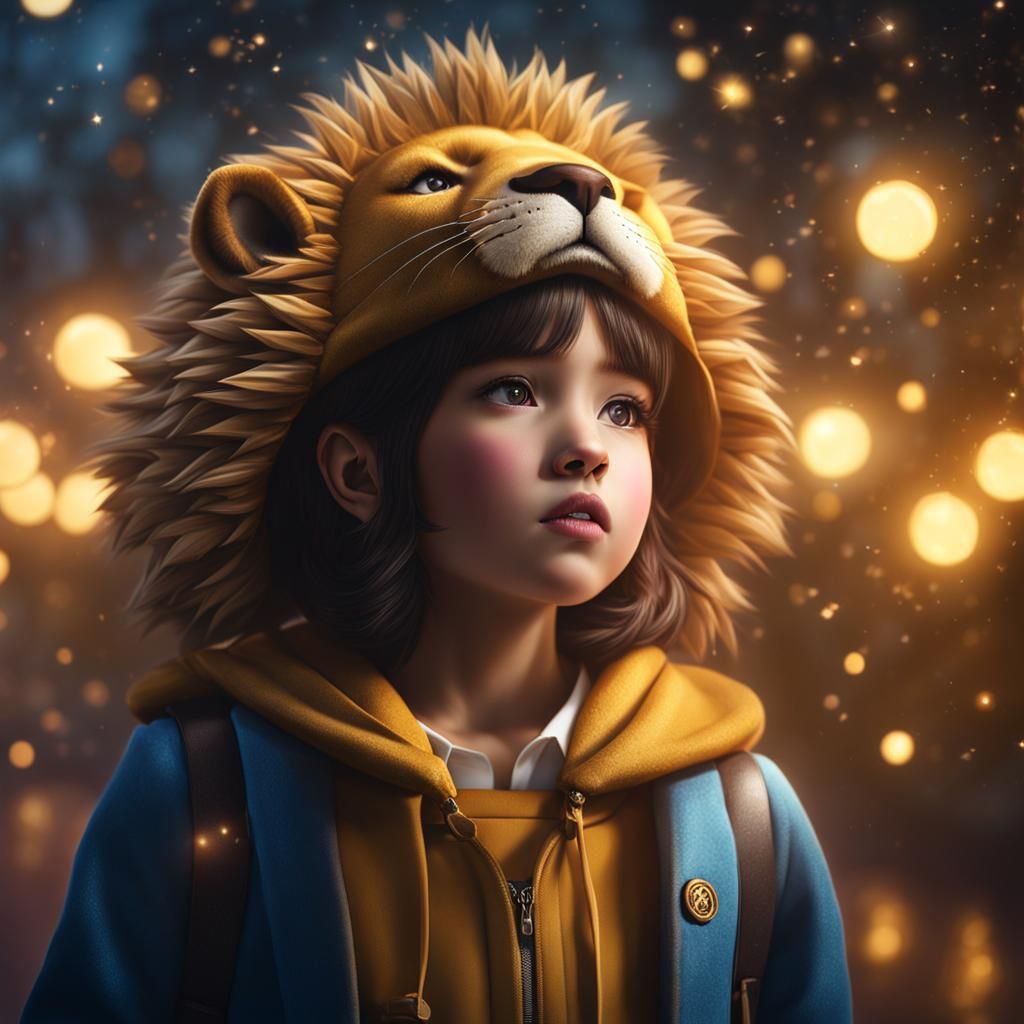 Shy Schoolgirl in Lion Costume Emerging from Mist