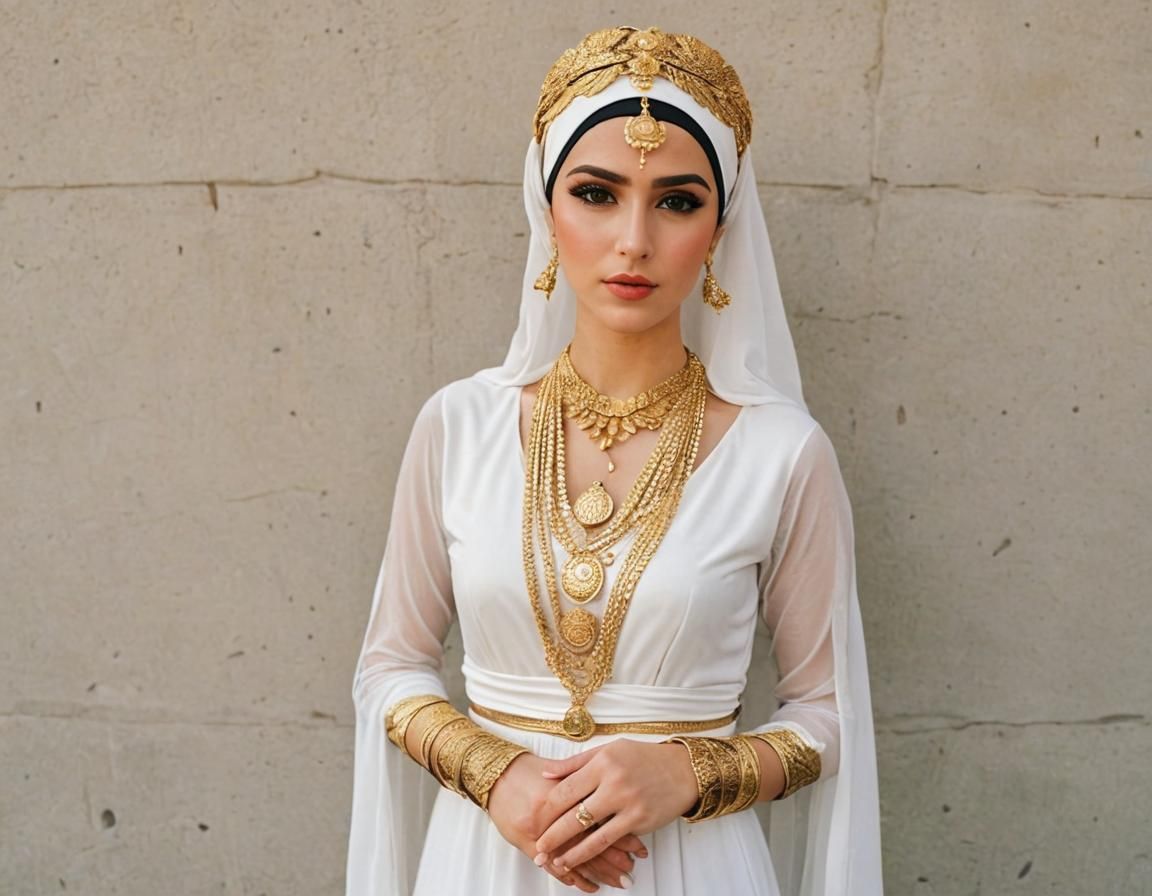 Greek goddess. hijab. Gold leave hair piece. White gown. Gold arm cuffs. Natural brown makeup. Green eyes.  Gold necklac...
