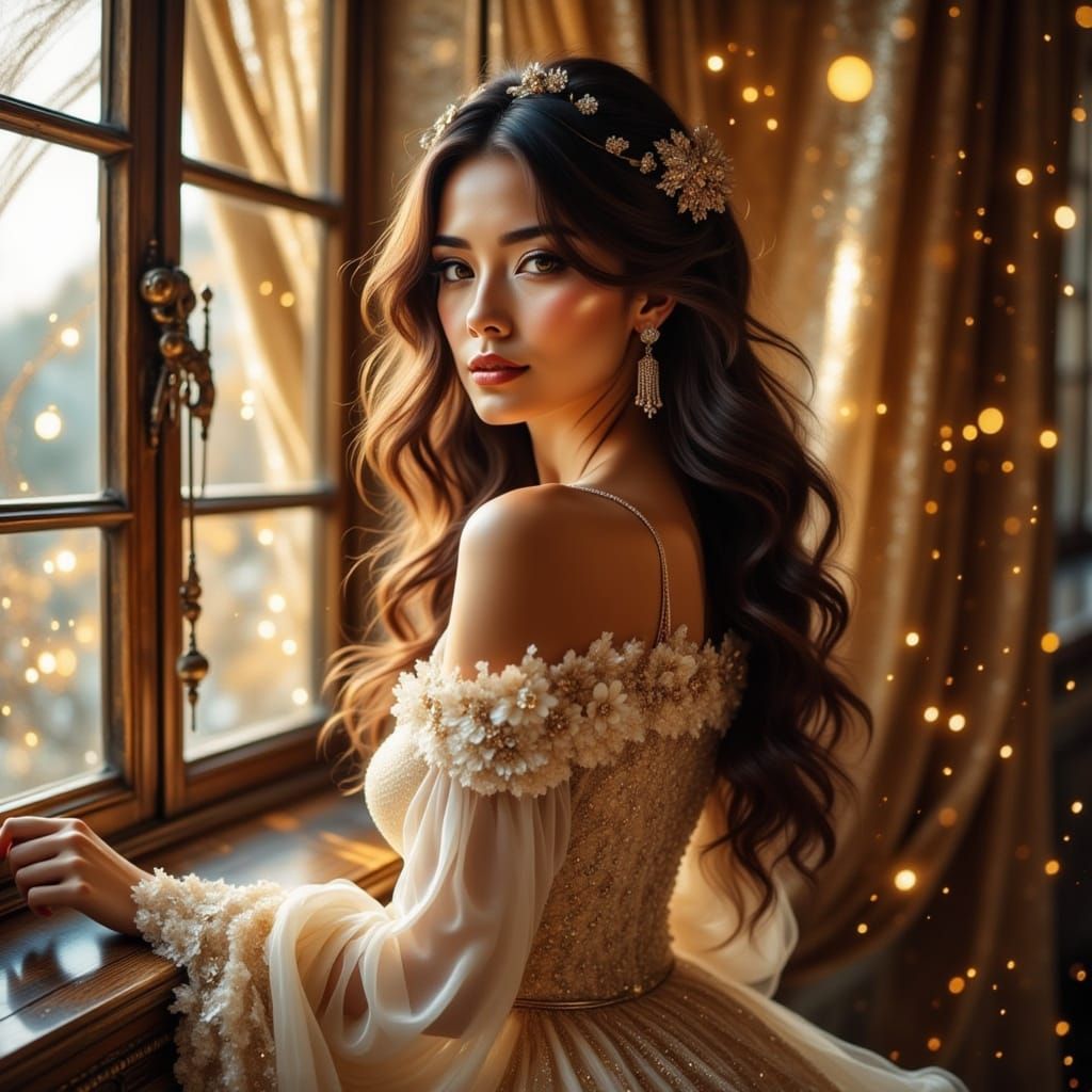 Ethereal Woman Portrait with Golden Light and Ornamentation