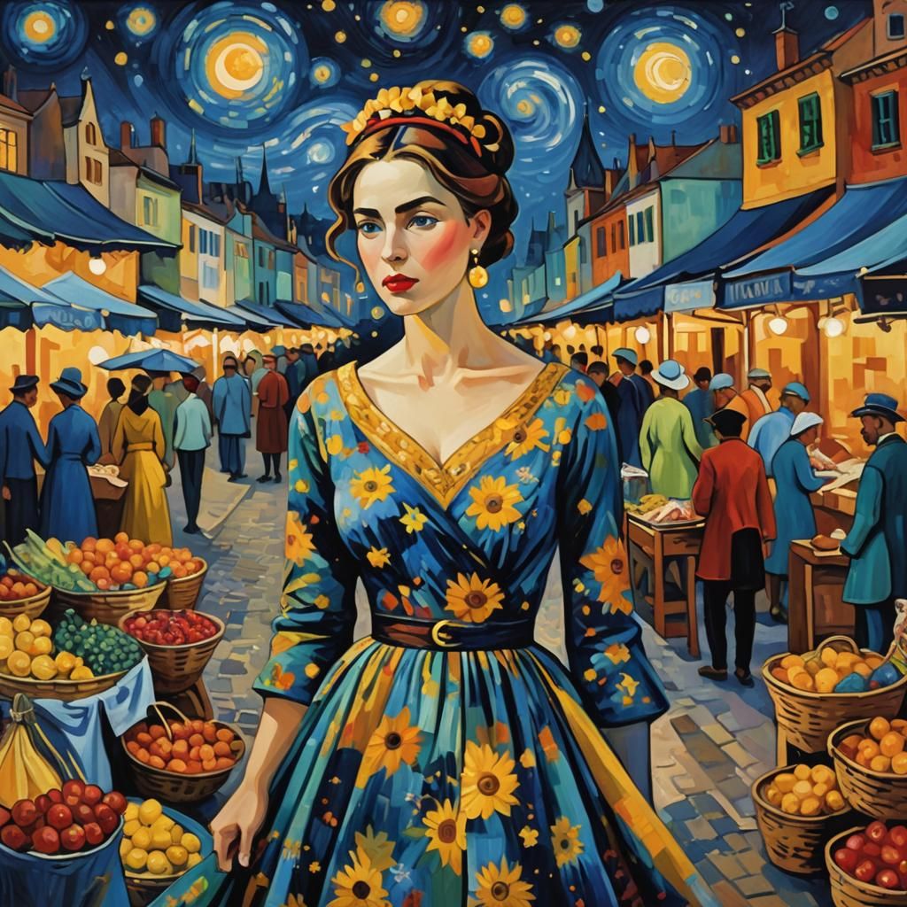 Woman in Market Under Starry Night Sky