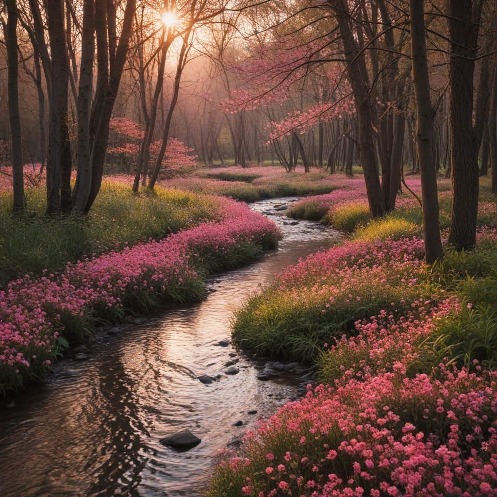 Vibrant Sunset Forest Scene in Pastel Hues