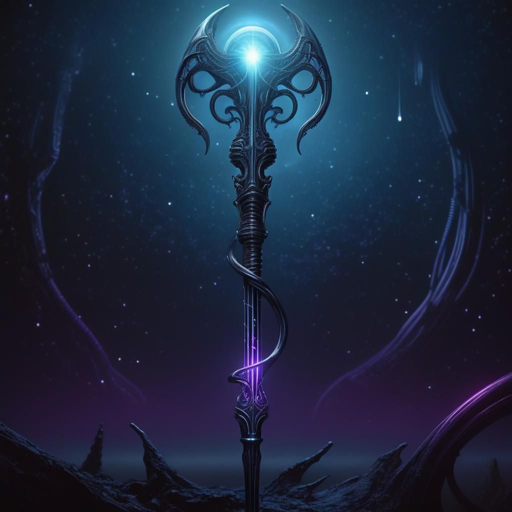 Mystical Staff Against Starry Sky in Biomechanical Style
